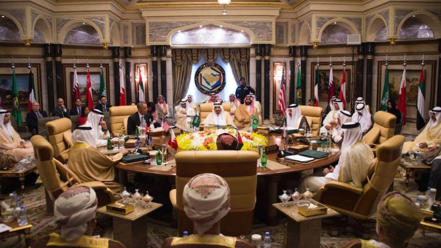 A picture taken on April 21, 2016 shows US President Barack Obama (C-L) attending a meeting with Saudi King Salman (C) and Saudi Defence Minister and Deputy Crown Prince Mohammed bin Salman (C-R) during the US-Gulf Cooperation Council Summit in Riyadh, on April 21, 2016.
During a meeting with Gulf leaders in Saudi Arabia Obama said that "No country has an interest in 'conflict' with Iran".



 / AFP / Jim Watson        (Photo credit should read JIM WATSON/AFP/Getty Images)