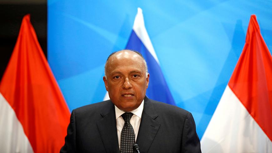 Egypt's Foreign Minister Sameh Shoukry speaks during a joint press conference with Israeli Prime Minister Benjamin Netanyahu in Jerusalem July 10, 2016 REUTERS/Ronen Zvulun - RTSH5NN