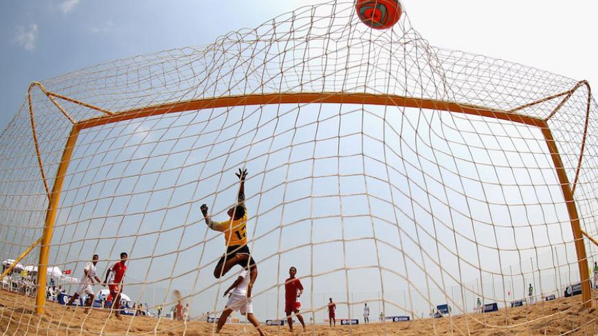 during the Beach Soccer XXXX match between XXX and XXXX on Day 0 of the 3rd Asian Beach Games Haiyang 2012 at XXXX on June 16, 2012 in Haiyang, China.
