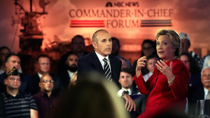 NEW YORK, NY - SEPTEMBER 07:  Matt Lauer looks on as Democratic presidential nominee Hillary Clinton speaks during the NBC News Commander-in-Chief Forum on September 7, 2016 in New York City. Clinton and Republican presidential nominee Donald Trump are participating in the NBC News Commander-in-Chief Forum.  (Photo by Justin Sullivan/Getty Images)