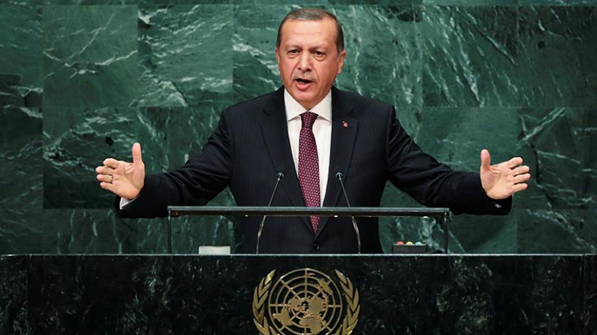 Turkish President Recep Tayyip Erdogan addresses the United Nations General Assembly in the Manhattan borough of New York, U.S. September 20, 2016.   REUTERS/Eduardo Munoz - RTSONR7