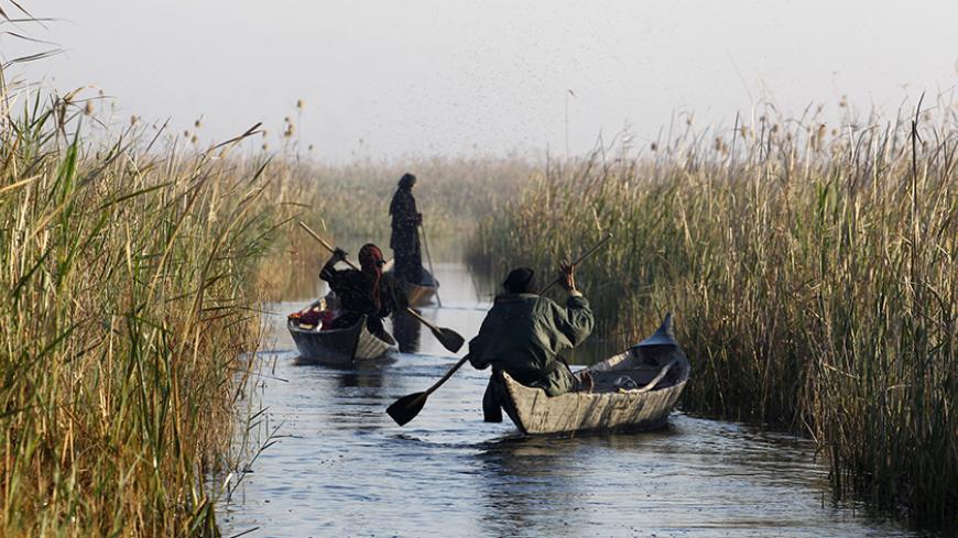 Iraqi Marsh Arab women paddle their boats at the Chebayesh marsh in Nassiriya, 300 km (185 miles) southeast of Baghdad, February 15, 2013. The Marsh Arabs who had farmed this area for thousands of years, were badly affected by a campaign mounted by the government of Saddam Hussein in the 1990s to destroy their lifestyle. The marshes were drained of water, and hundreds of thousands of Marsh Arabs were forced to flee to cities, where they live in poverty, the locals in this area said. Picture taken February 1