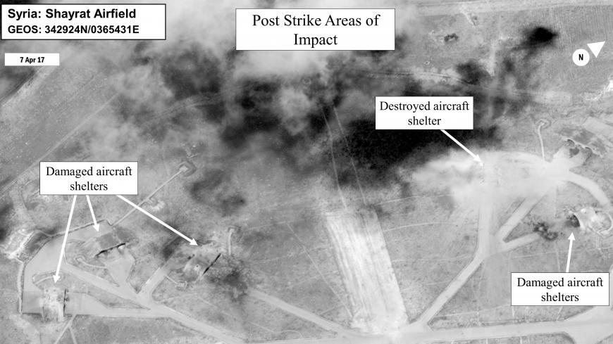 Battle damage assessment image of Shayrat Airfield, Syria, is seen in this DigitalGlobe satellite image, released by the Pentagon following U.S. Tomahawk Land Attack Missile strikes from Arleigh Burke-class guided-missile destroyers, the USS Ross and USS Porter on April 7, 2017.     DigitalGlobe/Courtesy U.S. Department of Defense/Handout via REUTERS    ATTENTION EDITORS - THIS IMAGE WAS PROVIDED BY A THIRD PARTY. EDITORIAL USE ONLY.  MANDATORY CREDIT.  TPX IMAGES OF THE DAY - RTX34MOP