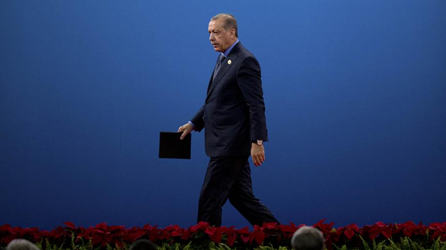 BEIJING, CHINA - MAY 14: Turkey's President Recep Tayyip Erdogan leaves the stage after speaking during the opening ceremony of the Belt and Road Forum at the China National Convention Center (CNCC) in Beijing, Sunday, May 14, 2017. The Belt and Road Forum focuses on the One Belt, One Road (OBOR) trade initiative. (Photo by Mark Schiefelbein-Pool/Getty Images)