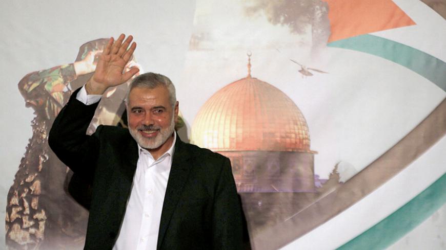 Hamas Chief Ismail Haniyeh waves before giving a speech in Gaza City July 5, 2017. REUTERS/Mohammed Salem - RTX3A66U