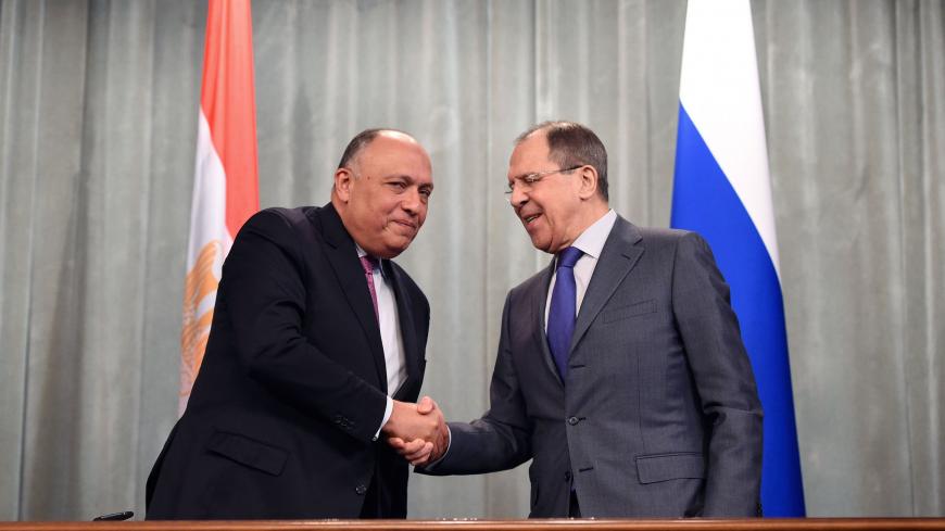 Russian Foreign Minister Sergei Lavrov (R) shakes hands with his Egyptian counterpart Sameh Shoukry during a joint press conference following their meeting in Moscow, on March 16, 2016. AFP PHOTO / VASILY MAXIMOV / AFP / VASILY MAXIMOV        (Photo credit should read VASILY MAXIMOV/AFP/Getty Images)