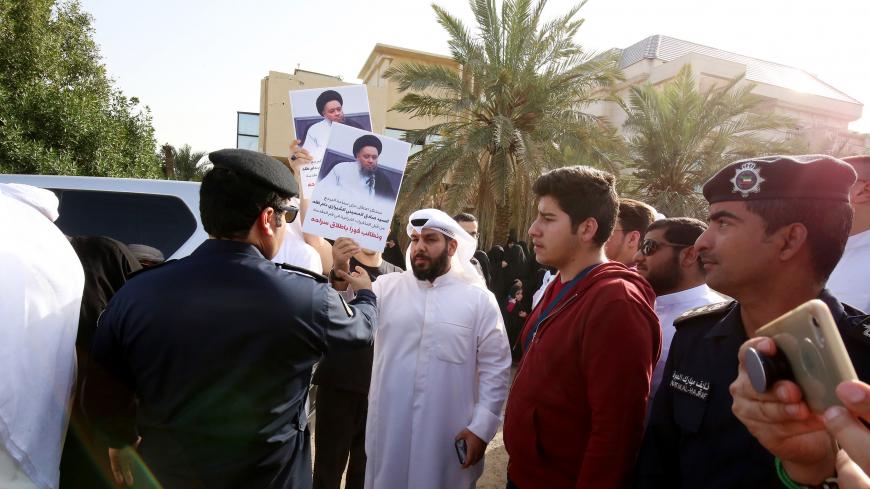 Kuwaiti Shiites gather before the Iranian embassy in Kuwait City on March 7, 2018 to demonstrate calling for the release of Iranian Shiite cleric Hossein al-Shirazi, who was arrested in the Iranian Shiite holy city of Qom a month prior. / AFP PHOTO / YASSER AL-ZAYYAT        (Photo credit should read YASSER AL-ZAYYAT/AFP/Getty Images)
