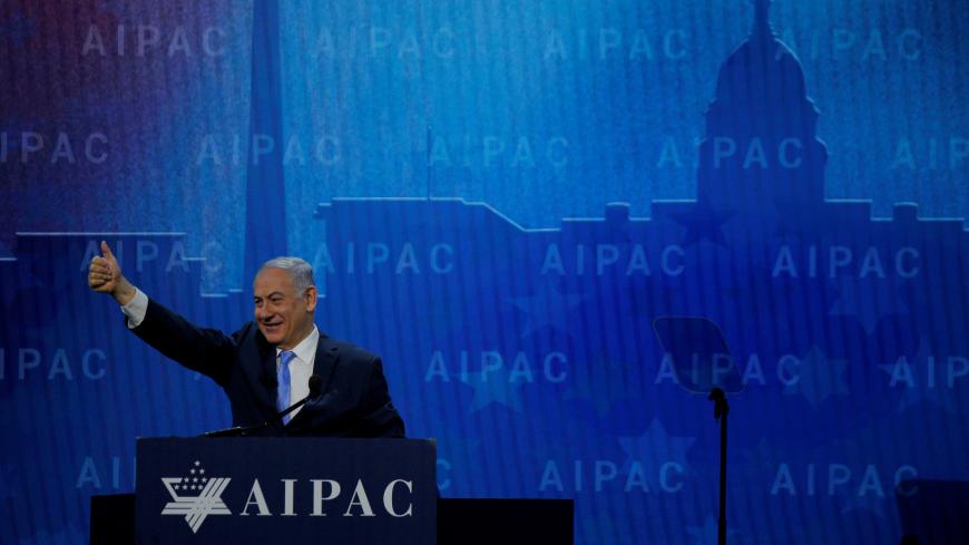 Israeli Prime Minister Benjamin Netanyahu takes the stage to speak at the AIPAC policy conference in Washington, DC, U.S., March 6, 2018.   REUTERS/Brian Snyder     TPX IMAGES OF THE DAY - RC11A23DC500