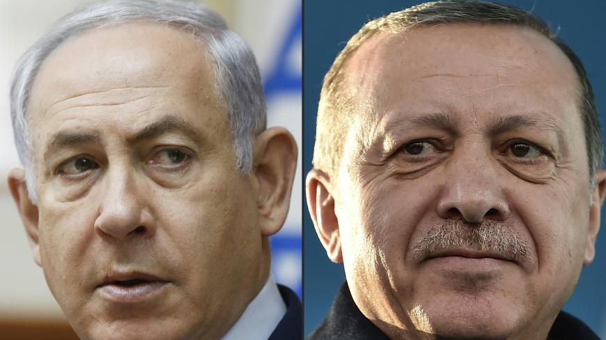 (COMBO) This combination of pictures created on April 1, 2018 shows a file photo taken on November 19, 2017 of Israel's Prime Minister Benjamin Netanyahu (L) attending the weekly cabinet meeting in Jerusalem and a file photo taken on December 15, 2017 of Turkish President Recep Tayyip Erdogan during the inauguration ceremony of Turkey's first automated urban metro line on the Asian side of Istanbul. 

Turkish President Recep Tayyip Erdogan accused Benjamin Netanyahu on April 1, 2018 of being "a terrorist" a