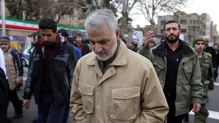 The commander of the Iranian Revolutionary Guard's Quds Force, General Qassem Suleimani, attends celebrations marking the 37th anniversary of the Islamic revolution on February 11, 2016 in Tehran.
 
Iranians waved "Death to America" banners and took selfies with a ballistic missile as they marked 37 years since the Islamic revolution, weeks after Iran finalised a nuclear deal with world powers.
 / AFP / STR        (Photo credit should read STR/AFP/Getty Images)