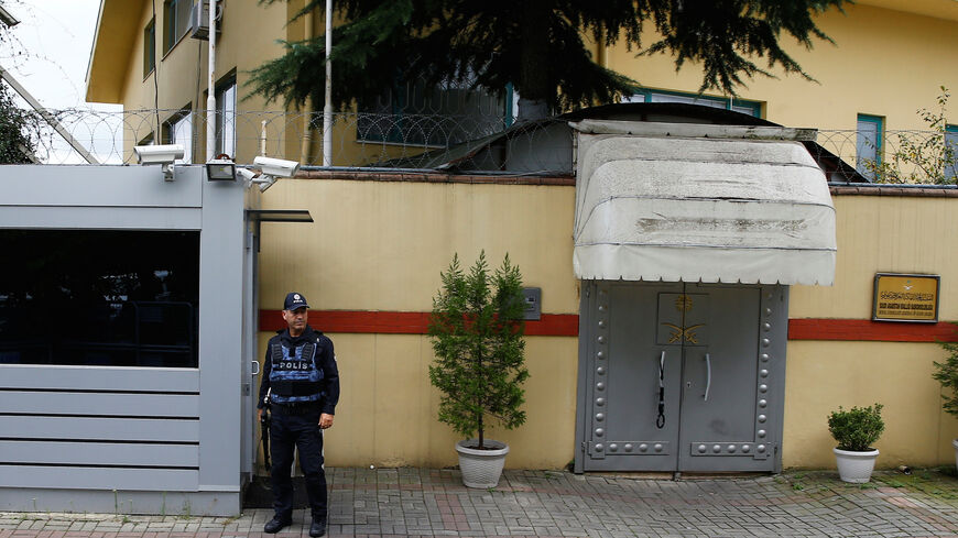 A Turkish police officer stands guard outside the Saudi Arabia's consulate in Istanbul, Turkey October 9, 2018. REUTERS/Osman Orsal - RC1735552880