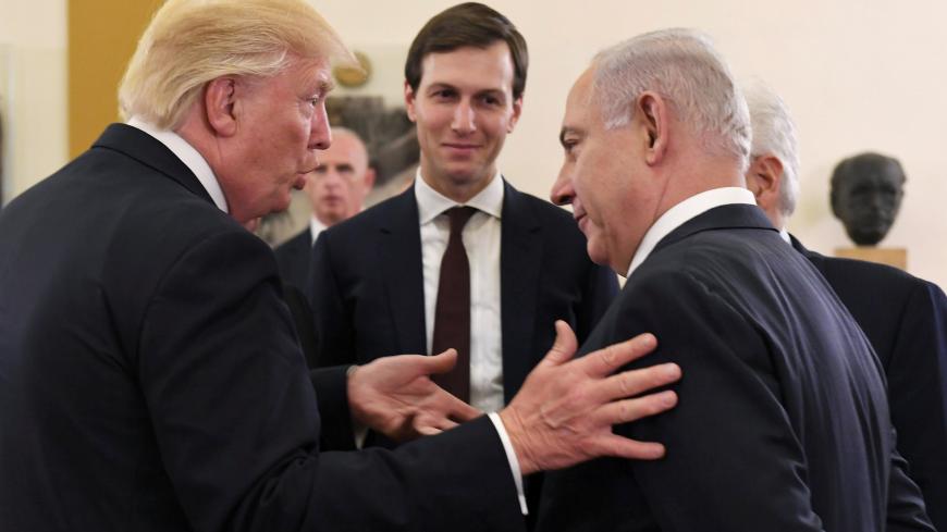 Israel's Prime Minister Benjamin Netanyahu and U.S. President Donald Trump chat as White House senior advisor Jared Kushner is seen in between them, during their meeting at the King David hotel in Jerusalem May 22, 2017. Kobi Gideon/Courtesy of Government Press Office/Handout via Reuters THIS PICTURE WAS PROVIDED BY A THIRD PARTY. FOR EDITORIAL USE ONLY. NOT FOR SALE FOR MARKETING OR ADVERTISING CAMPAIGNS. ISRAEL OUT. NO SALES IN ISRAEL - RC1C12FE5EC0