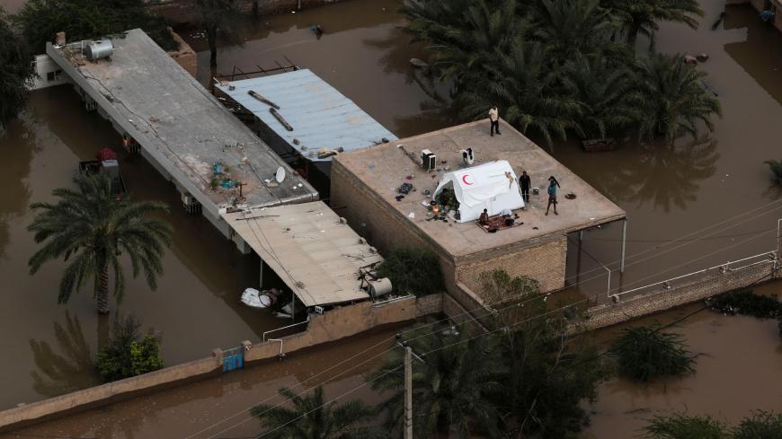 An aerial view of flooding in Khuzestan province, Iran, April 5, 2019. Picture taken April 5, 2019. Mehdi Pedramkhoo/Tasnim News Agency/via REUTERS ATTENTION EDITORS - THIS PICTURE WAS PROVIDED BY A THIRD PARTY - RC1D283A8CB0