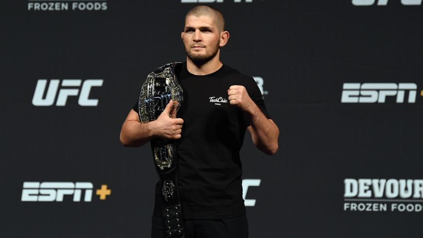 LAS VEGAS, NEVADA - JULY 05:  UFC lightweight champion Khabib Nurmagomedov poses for the media during the UFC seasonal press conference at T-Mobile Arena on July 5, 2019 in Las Vegas, Nevada. (Photo by Josh Hedges/Zuffa LLC/Zuffa LLC via Getty Images)