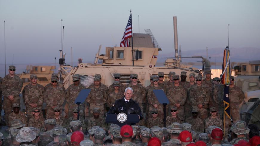U.S. Vice President Mike Pence delivers remarks to U.S. troops at a U.S. military facility at Erbil International Airport in Erbil, Iraq November 23, 2019. REUTERS/Jonathan Ernst     TPX IMAGES OF THE DAY - RC22HD9OIH8O
