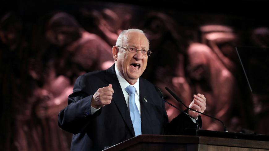 Israeli President Reuven Rivlin speaks at the World Holocaust Forum marking 75 years since the liberation of the Nazi extermination camp Auschwitz, at Yad Vashem Holocaust memorial centre in Jerusalem January 23, 2020. Abir Sultan/Pool via REUTERS - RC2PLE9LMZ3W