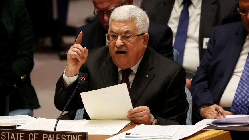 Palestinian President Mahmoud Abbas speaks during a Security Council meeting at the United Nations in New York, U.S., February 11, 2020.  REUTERS/Shannon Stapleton - RC2FYE9T70OQ