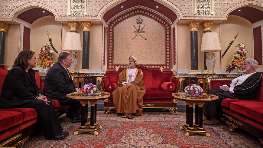 U.S. Secretary of State?Mike?Pompeo meets with Oman's Sultan Haitham bin Tariq at al-Alam palace in Muscat, Oman on February 21, 2020. Andrew Caballero-Reynolds/Pool via REUTERS - RC225F97S5EO