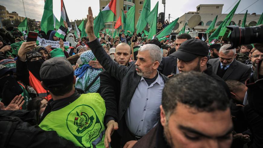 GAZA CITY, GAZA - DECEMBER 16: Yahya Sinwar, the leader of Hamas in Gaza, attends the event marking the 31st anniversary of the establishment of Hamas at Al Katiba Square in Gaza City, Gaza on December 16, 2018. (Photo by Ali Jadallah/Anadolu Agency/Getty Images)