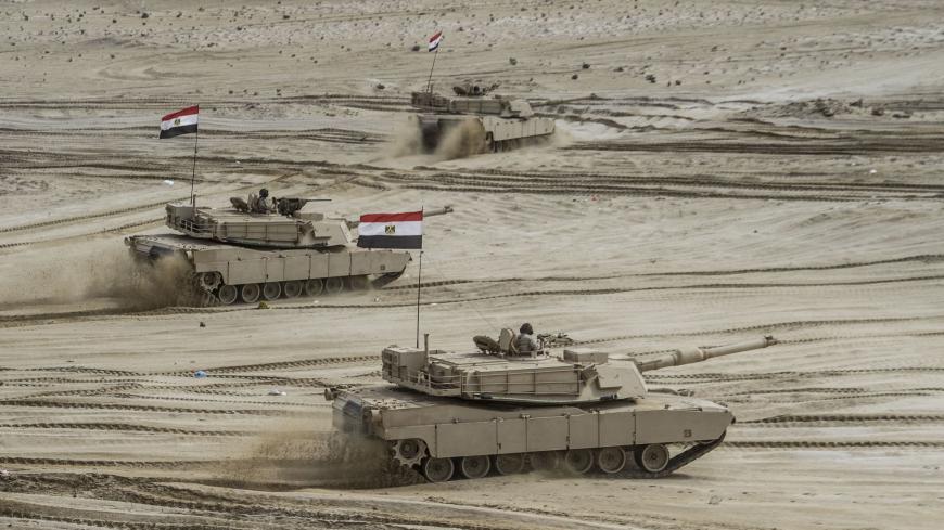Egyptian tanks take part in the Arab Shield joint military exercises at Mohamed Naguib military base in El-Hamam near the Mediterranean coast, about 240 kilometres northwest of the capital Cairo on November 15, 2018. - Forces from Saudi Arabia, Egypt, the UAE, Kuwait, Bahrain and Jordan are taking part in the maneuvers. (Photo by Khaled DESOUKI / AFP)        (Photo credit should read KHALED DESOUKI/AFP via Getty Images)