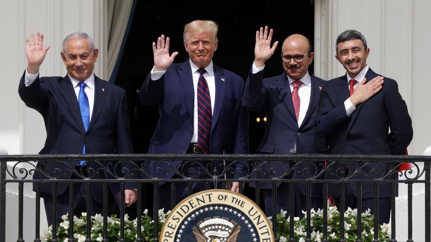 WASHINGTON, DC - SEPTEMBER 15:   (L-R) Prime Minister of Israel Benjamin Netanyahu, U.S. President Donald Trump, Foreign Affairs Minister of Bahrain Abdullatif bin Rashid Al Zayani, and Foreign Affairs Minister of the United Arab Emirates Abdullah bin Zayed bin Sultan Al Nahyan wave from the Truman Balcony of the White House after the signing ceremony of the Abraham Accords on the South Lawn of the White House on September 15, 2020 in Washington, DC. Witnessed by President Trump, Prime Minister Netanyahu si