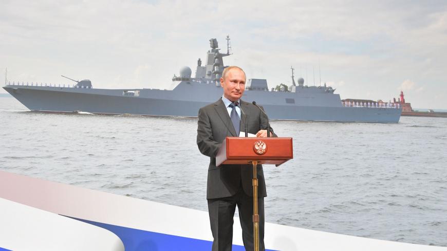 Russian President Vladimir Putin gives a speech during the keel laying ceremony for the two new frigates Admiral Amelko and Admiral Chichagov at the Severnaya (Northern) Verf shipyard in Saint Petersburg on April 23, 2019. (Photo by Alexei Druzhinin / SPUTNIK / AFP)        (Photo credit should read ALEXEI DRUZHININ/AFP via Getty Images)