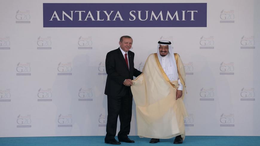 ANTALYA, TURKEY - NOVEMBER 15:  Turkish President Recep Tayyip Erdogan (L) greets Saudi Arabia's King Salman bin Abdulaziz during the official welcome ceremony on day one of the G20 Turkey Leaders Summit on November 15, 2015 in Antalya, Turkey. World leaders will use the summit to discuss issues including, climate change, the global economy, the refugee crisis and terrorism. The two day summit takes place in the wake of the massive terrorist attack in Paris which killed more than 120 people.  (Photo by Chri