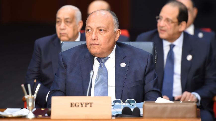 Egypt's Foreign Minister Sameh Shoukry attends the first joint European Union and Arab League summit at the International Congress Centre in the Egyptian Red Sea resort of Sharm el-Sheikh, on February 24, 2019. (Photo by MOHAMED EL-SHAHED / AFP)        (Photo credit should read MOHAMED EL-SHAHED/AFP via Getty Images)