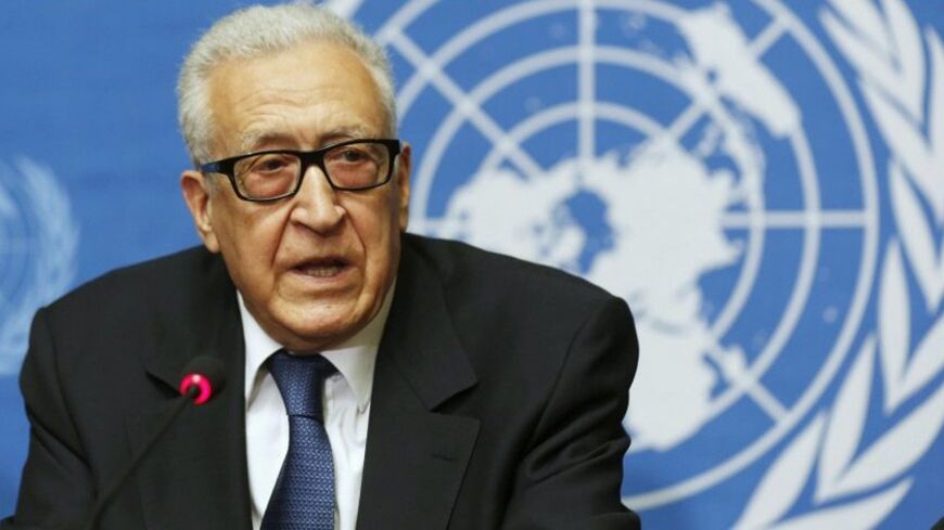 U.N. Special Representative Lakhdar Brahimi makes a statement to the media after hosting a meeting between U.S. Secretary of State John Kerry and Russian Foreign Minister Sergei Lavrov discussing the ongoing crisis in Syria at the United Nations offices in Geneva, September 13, 2013.   REUTERS/Larry Downing  (SWITZERLAND - Tags: POLITICS CIVIL UNREST) - RTX13JPO
