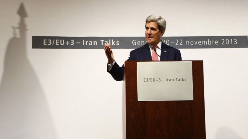 U.S. Secretary of State John Kerry speaks to media during a news conference following the E3/EU+3-Iran talks in Geneva November 24, 2013. An agreement between Iran and major powers would make it harder for Iran to make a dash to build a nuclear weapon and would make Israel and other U.S. allies safer, Kerry said on Sunday.  REUTERS/Ruben Sprich (SWITZERLAND - Tags: POLITICS ENERGY) - RTX15QNZ