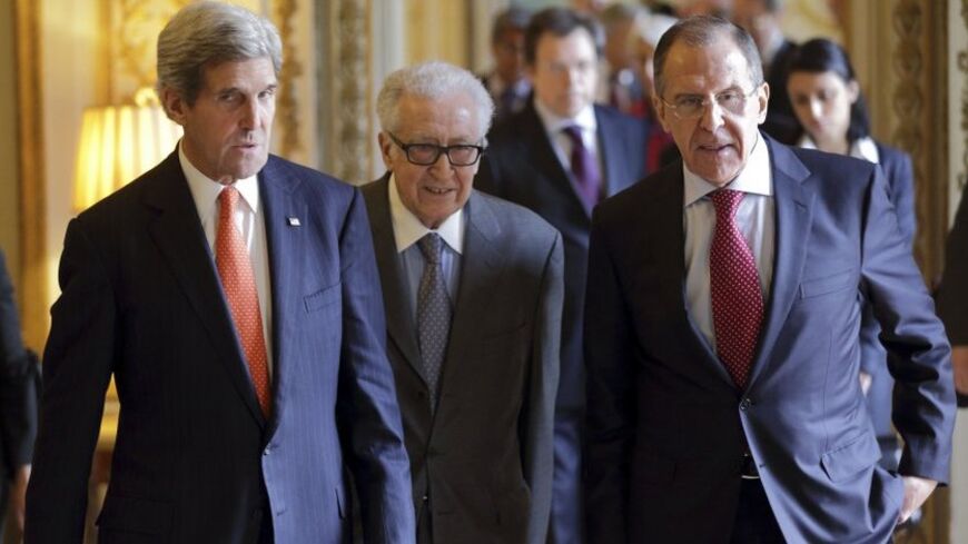 U.S. Secretary of State John Kerry (L), U.N.-Arab League envoy for Syria Lakhdar Brahimi (C) and Russia's Foreign Minister Sergei Lavrov (R) arrive at a news conference at the U.S. ambassador's residence in Paris, January 13, 2014. Kerry said on Monday he and Russian counterpart Sergei Lavrov discussed the possibility of organising ceasefires in parts of Syria and also a readiness by Bashar al- Assad to open humanitarian access corridors. REUTERS/Philippe Wojazer  (FRANCE - Tags: POLITICS) - RTX17CBL