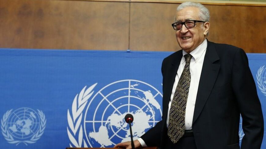 U.N.-Arab League envoy for Syria Lakhdar Brahimi arrives for a news conference at the United Nations European headquarters in Geneva February 11, 2014. REUTERS/Denis Balibouse (SWITZERLAND - Tags: POLITICS) - RTX18LCS