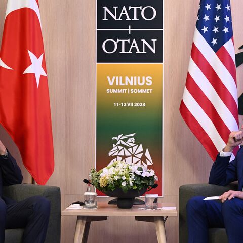 US President Joe Biden (R) and Turkey's President Recep Tayyip Erdogan hold bilateral talks the NATO Summit in Vilnius on July 11, 2023. (Photo by ANDREW CABALLERO-REYNOLDS / AFP) (Photo by ANDREW CABALLERO-REYNOLDS/AFP via Getty Images)