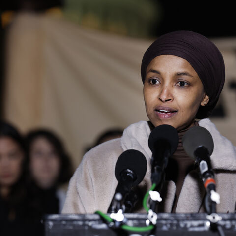 WASHINGTON, DC - NOVEMBER 13: U.S. Rep. Ilhan Omar (D-MN) speaks during a news conference calling for a ceasefire in Gaza outside the U.S. Capitol building on November 13, 2023 in Washington, DC. House Democrats held the news conference alongside rabbis with the activist group Jewish Voices for Peace. (Photo by Anna Moneymaker/Getty Images)