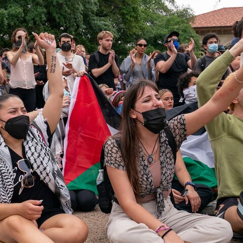 Demonstrators against the war in Gaza rally in support of Palestinians on the campus of the University of Texas in Austin, Texas, on April 25, 2024.