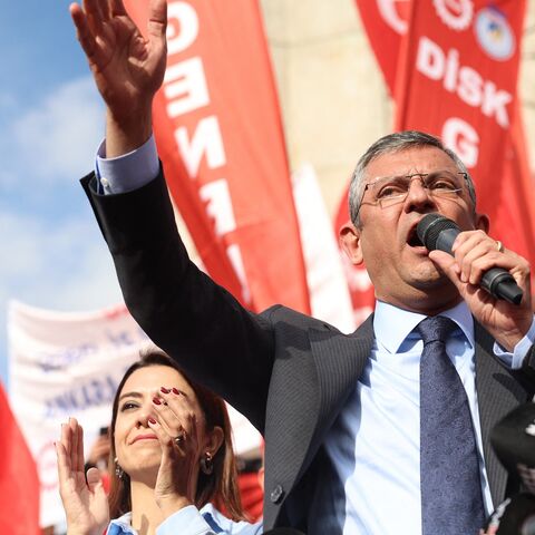 Chairman of the main opposition Republican People's Party (CHP) in Turkey, Ozgur Ozel, delivers a speech during a rally by members of the Confederation of Revolutionary Trade Unions (Disk) calling for economic justice and protesting against the increasing tax burden on workers in Ankara on Nov. 17, 2023. 
