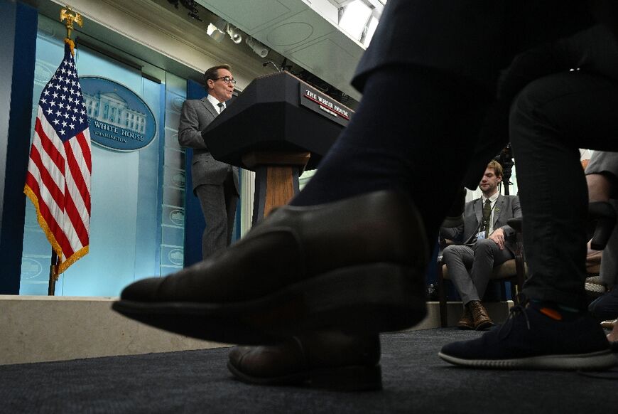 National Security Communications Adviser John Kirby speaks during the daily briefing in the Brady Briefing Room of the White House in Washington, DC, on April 15, 2024.