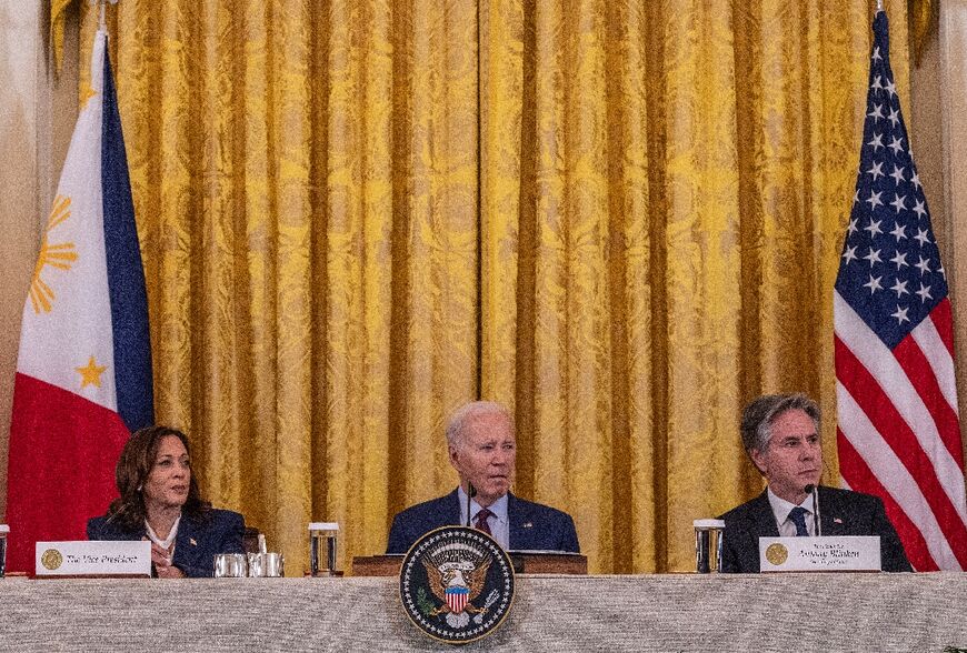 US President Joe Biden, Secretary of State Antony Blinken and Vice President Kamala Harris on April 11, 2024 