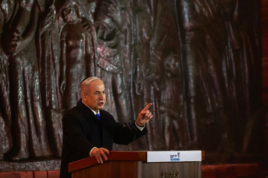 Israel's Prime Minister Benjamin Netanyahu speaks at a ceremony marking Holocaust Remembrance Day in Jerusalem