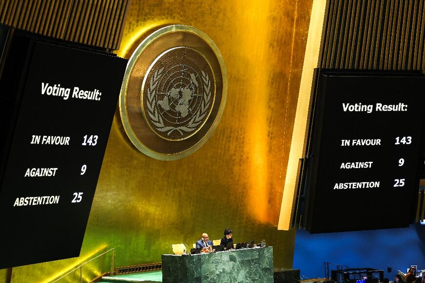 A huge display screen at UN headquarters in New York shows the results of the General Assembly vote