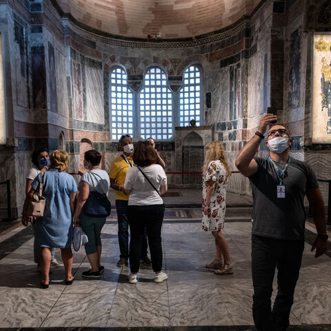 Tourists visit the Chora (Kariye) Church Museum, the 11th century church of St. Savior on August 21, 2020 in Istanbul, Turkey. 