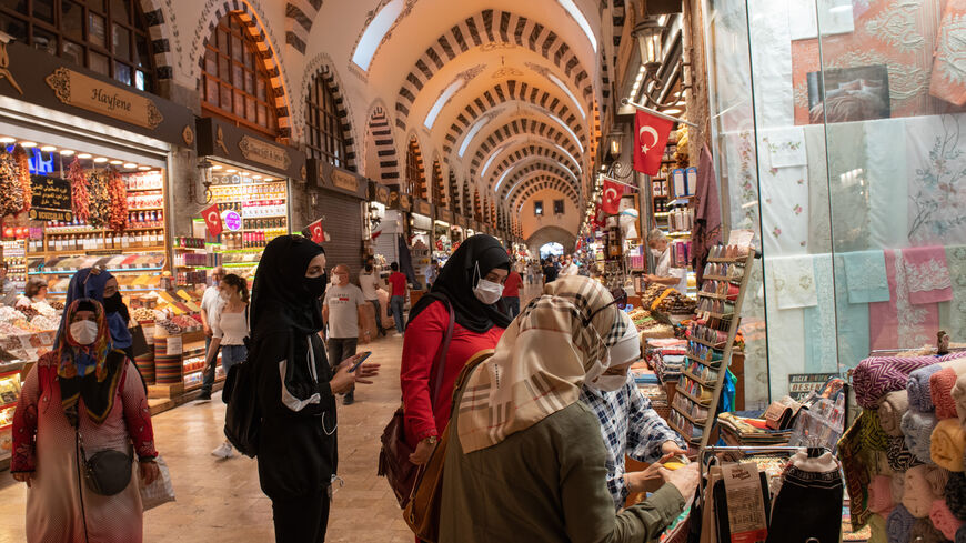 People shop in Istanbul's famous Spice Market on July 09, 2020 in Istanbul, Turkey.