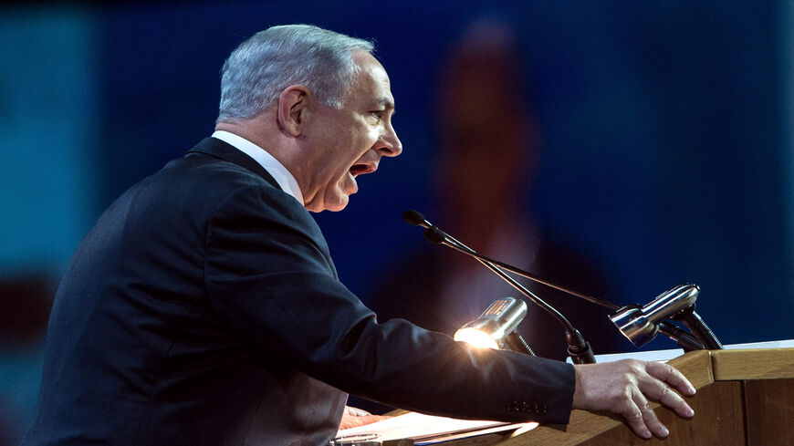 Israeli Prime Minister Benjamin Netanyahu addresses the American Israel Public Affairs Committee policy conference, where he is ramping up his mission to foil an emerging White House-backed nuclear deal with Iran, in Washington, March 2, 2015.