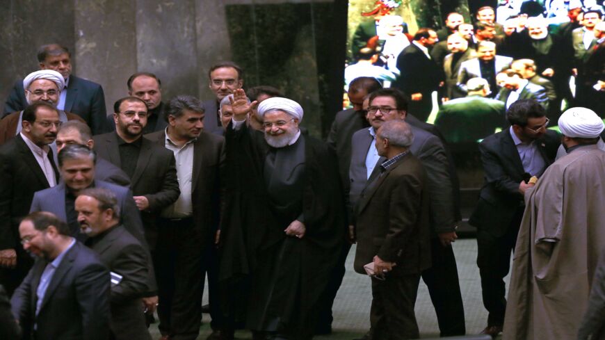 Iran's President Hassan Rouhani (C) arrives to address parliament in the capital, Tehran, on Sept. 3, 2019. In the address, he ruled out holding any bilateral talks with the United States, saying the Islamic Republic is opposed to such negotiations in principle. He also said Iran was ready to further reduce its commitments to a landmark 2015 nuclear deal "in the coming days" if current negotiations yield no results by Sept. 5.