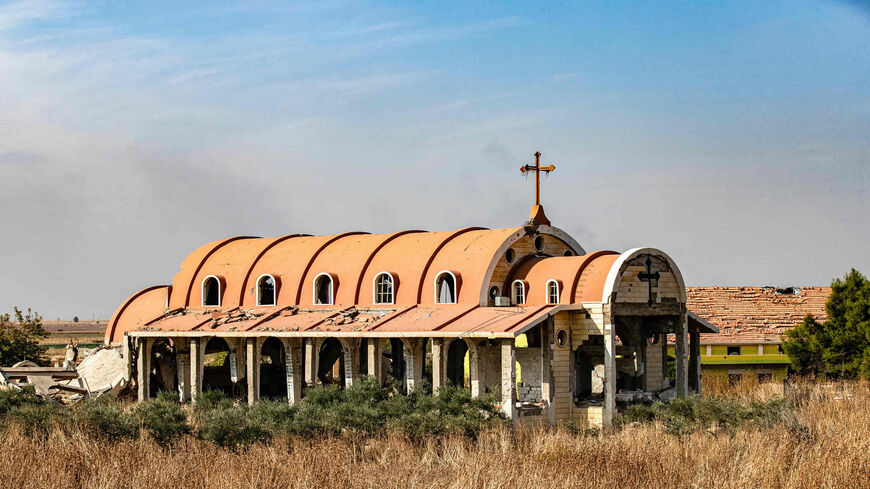 The Assyrian Church of the Virgin Mary, which was destroyed in 2015 by the Islamic State, in the village of Tal Nasri, south of the town of Tal Tamr, northeastern Hasakah province, Syria, Nov. 15, 2019.
