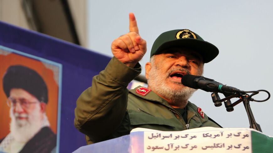 Iranian Revolutionary Guards commander Maj. Gen. Hossein Salami speaks during a pro-government rally in the capital, Tehran's, central Enghelab Square on Nov. 25, 2019. In a shock announcement 10 days ago, Iran had raised the price of petrol by up to 200 %, triggering nationwide protests in a country whose economy has been battered by US sanctions.
