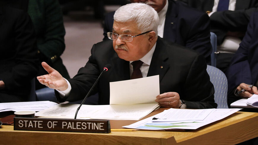 Palestinian President Mahmoud Abbas speaks at the United Nations Security Council, New York, Feb. 11, 2020.