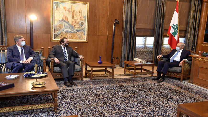 Lebanon's parliament Speaker Nabih Berri (R) meets with US envoy David Schenker (C) and US Ambassador to Algeria John Desrocher (L) in Beirut, Lebanon, Oct. 15, 2020.