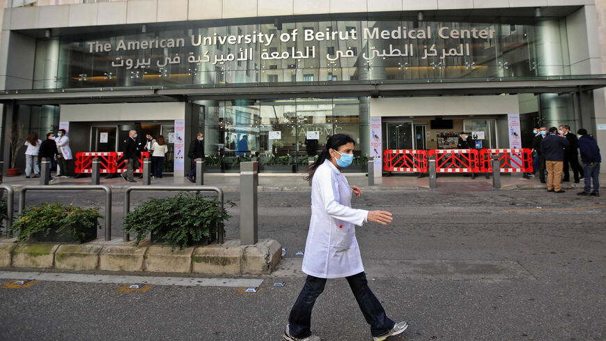 Medical staff are pictured outside the American University of Beirut Medical Center, Beirut, Lebanon, March 17, 2021. 