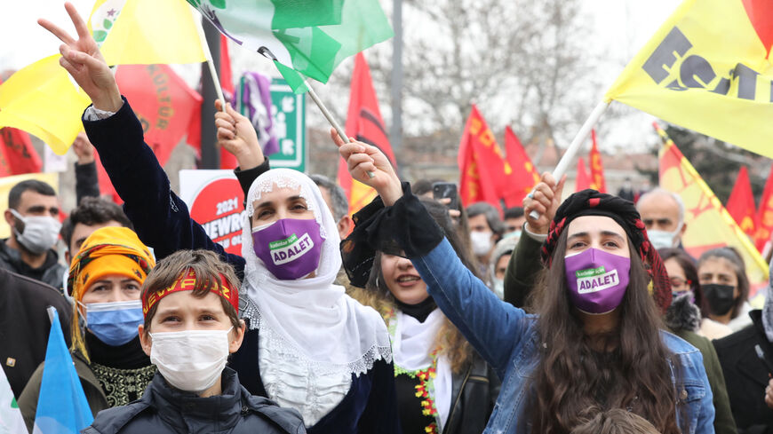 Supporters of Pro-Kurdish Peoples' Democratic Party (HDP) shout slogans during a rally as part of Nowruz (Newroz), or Kurdish New Year, celebrations in Ankara, on March 21, 2021. 